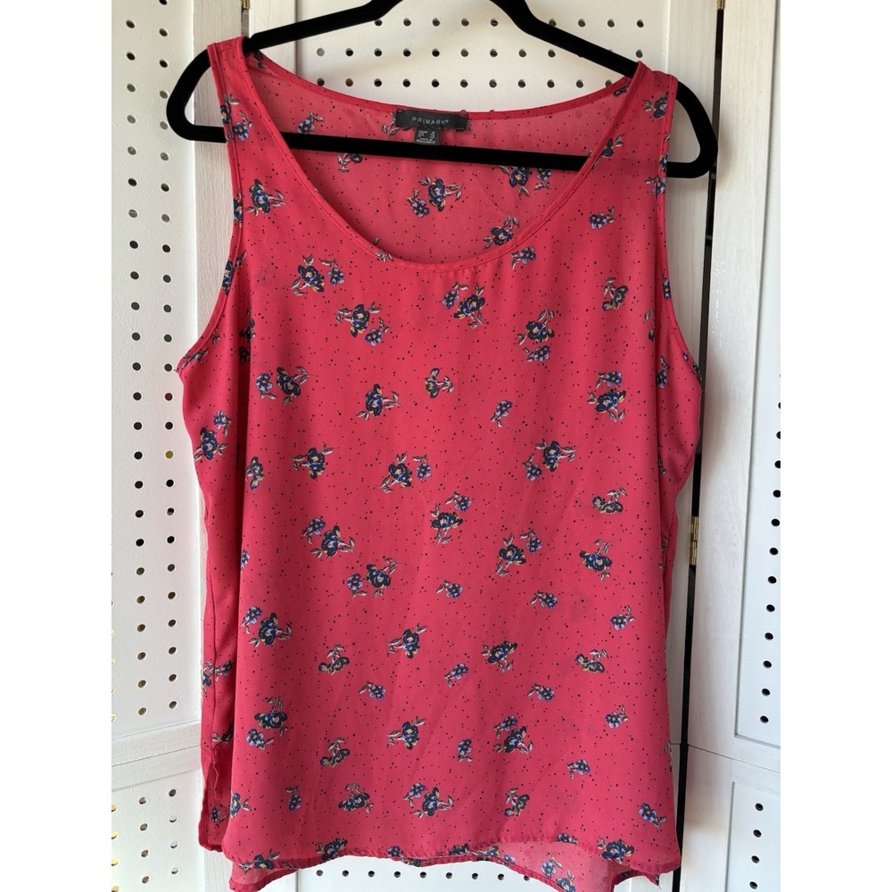 Primark Women's 14 XL Sheer Tank Top Sleeveless Blouse Pink with Blue Flowers